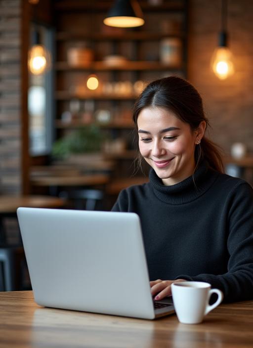 カフェでノートパソコンを使って作業する人物