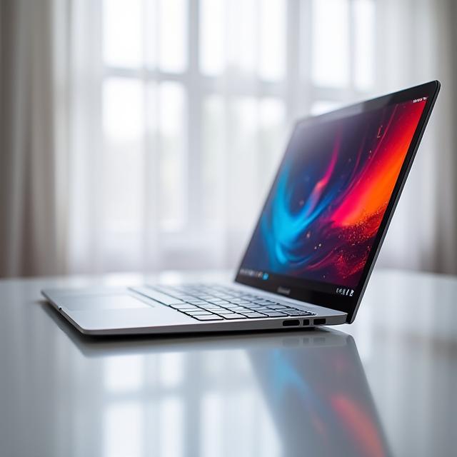 薄型ノートパソコン AuraBook 14 が開かれている